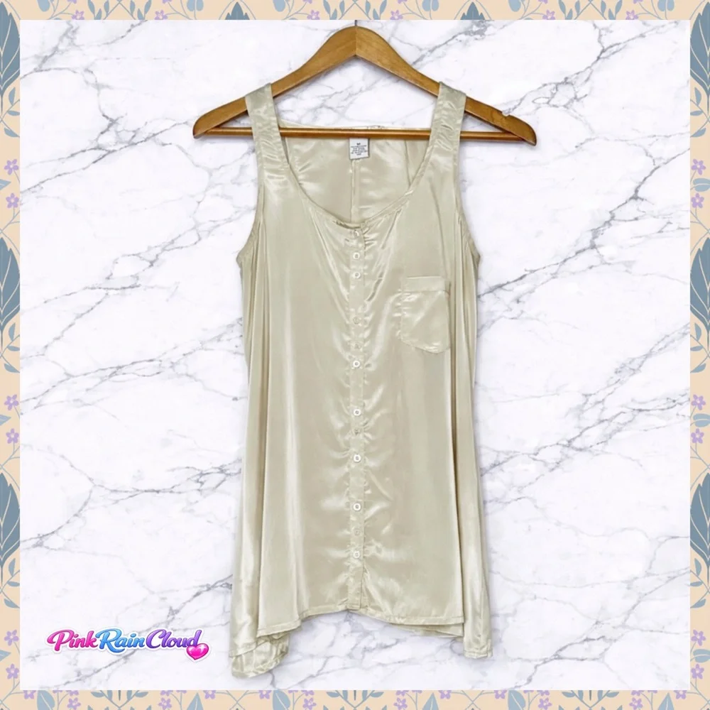 Fun & Flirt Creamy Champagne Shimmer Button Up Tank Top Blouse Women’s M